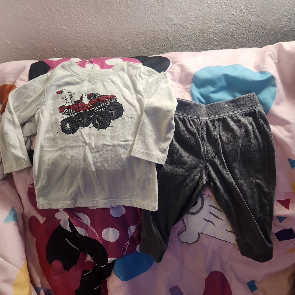 Kids' White Monster Truck Shirt and Gray Pants Set